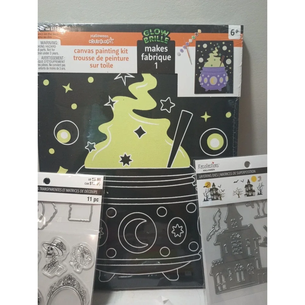 Huge Halloween Craft Supplies Lot Stamps Dies Wired Ribbon Canvas Paper Pads NEW